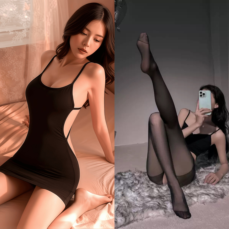 Set de lenjerie cu bretele – design transparent cu crot deschis, set în stil uniform pentru femei, poliester 90–95%