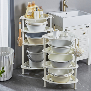 Raft de baie triunghiular, podea, din plastic, Maxiju Tripod (Greutate pe nivel 5–7,5 kg; Până la 5 niveluri; Stil modern minimalist)