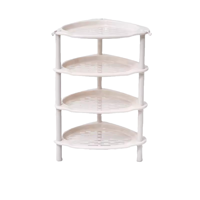 Raft de baie triunghiular, podea, din plastic, Maxiju Tripod (Greutate pe nivel 5–7,5 kg; Până la 5 niveluri; Stil modern minimalist)