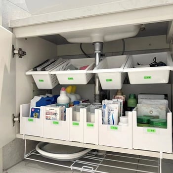 Raft extensibil sub chiuvetă pentru bucătărie, fără găuri, organizator de dulap, raft de colț pentru baie