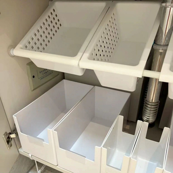 Raft extensibil sub chiuvetă pentru bucătărie, fără găuri, organizator de dulap, raft de colț pentru baie