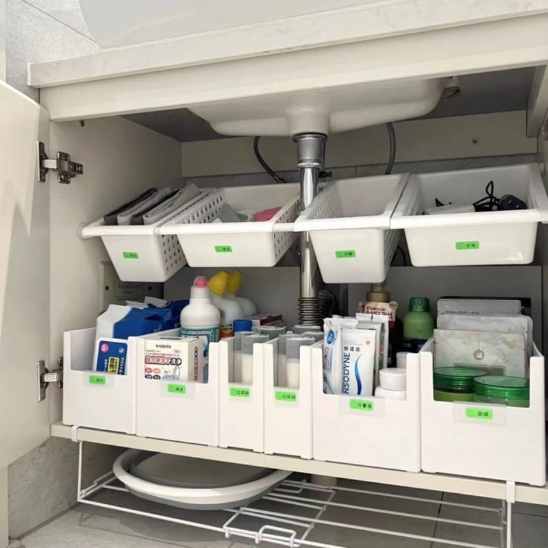 Raft extensibil sub chiuvetă pentru bucătărie, fără găuri, organizator de dulap, raft de colț pentru baie