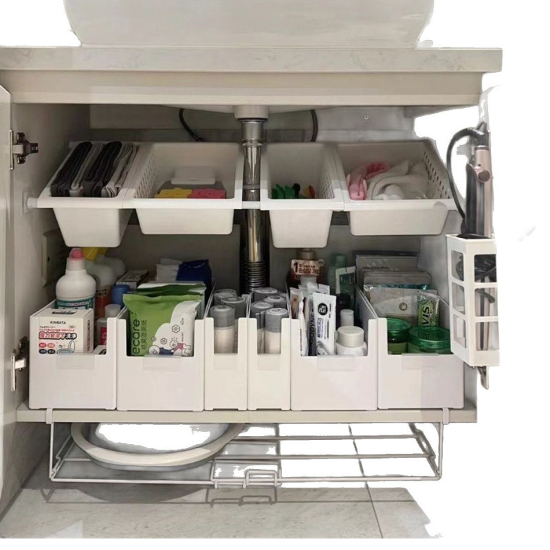 Raft extensibil sub chiuvetă pentru bucătărie, fără găuri, organizator de dulap, raft de colț pentru baie