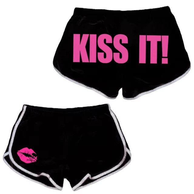 Moteriški 3/4 ilgio šortai iš poliesterio, elastus juosmuo, raidėmis atspaudas, gatvės mados sportiškas kasdienis stilius