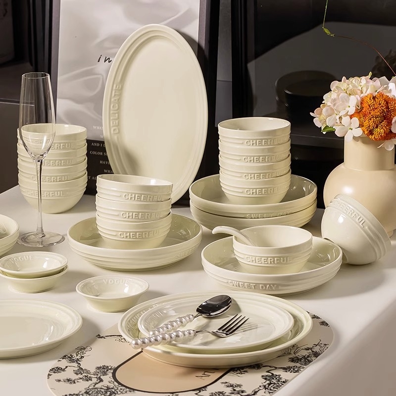 Set de boluri și farfurii din porțelan, stil nordic, finisaj subglazură, potrivit pentru microunde