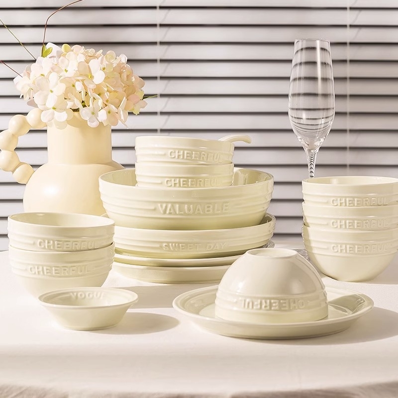 Set de boluri și farfurii din porțelan, stil nordic, finisaj subglazură, potrivit pentru microunde