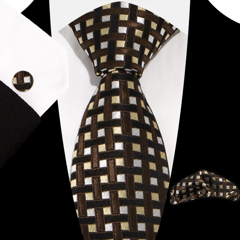 Set de cravată pentru bărbați cu batistă de buzunar și butoni de manșetă, 3 piese, jacquard poliester, model carouri