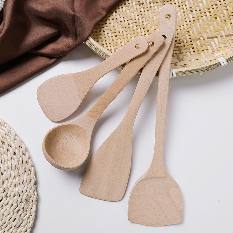 Lingură de gătit din lemn de fag natural, cu mâner din lemn, antiaderentă, rezistentă la temperaturi înalte, antiderapantă, prevenție arsuri