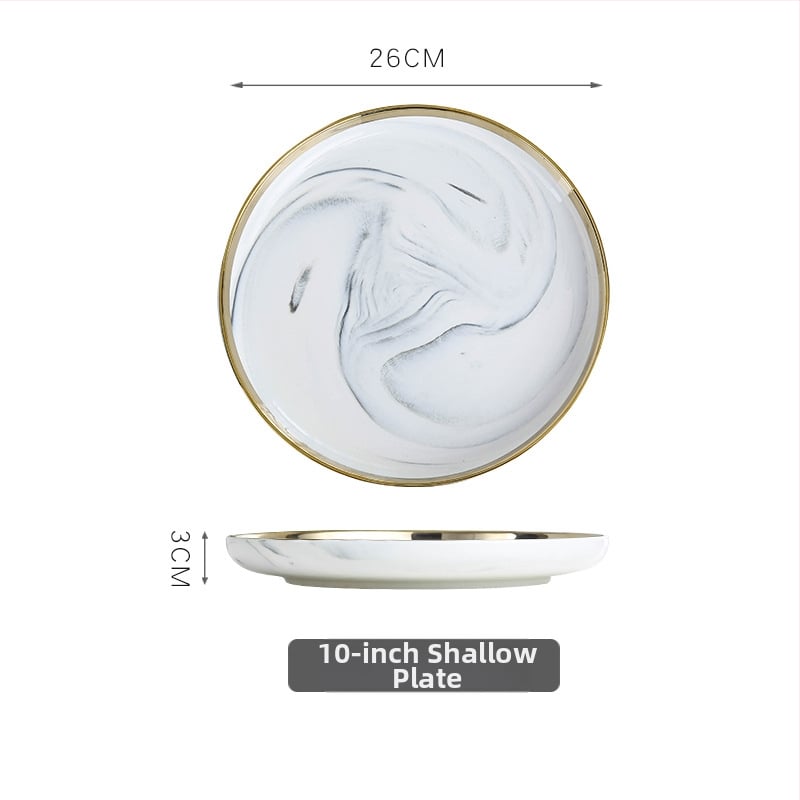 Porcelán étkészlet aranyozott szélekkel – kör alakú, könnyű luxus stílus, egyszínű mintázat