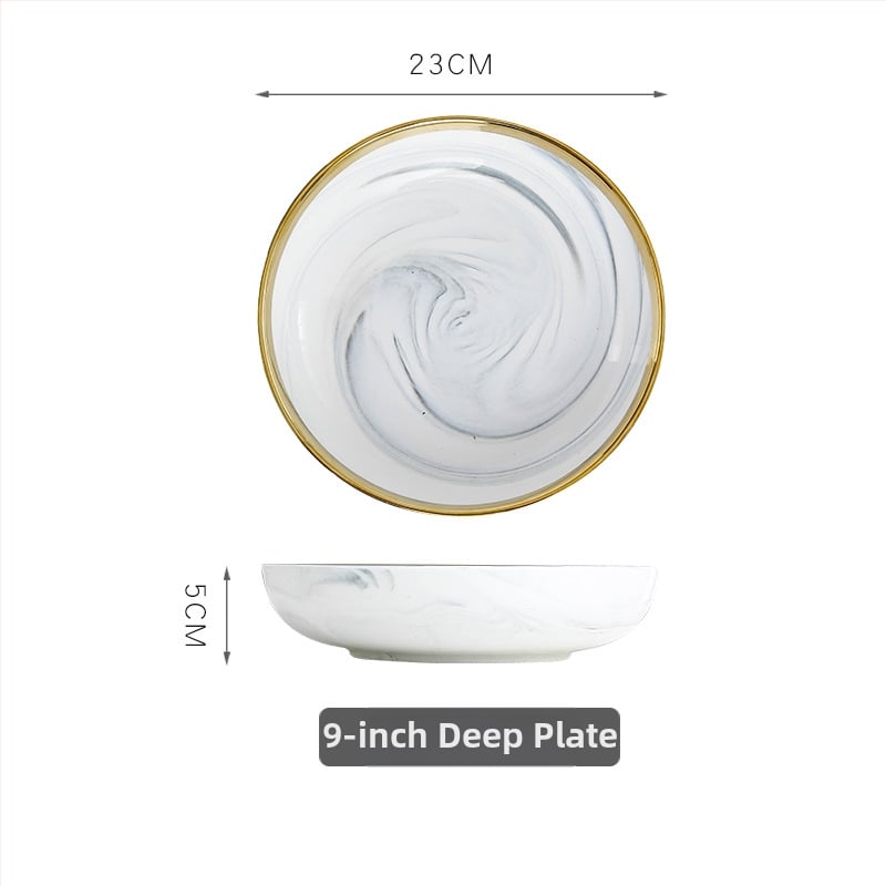 Porcelán étkészlet aranyozott szélekkel – kör alakú, könnyű luxus stílus, egyszínű mintázat