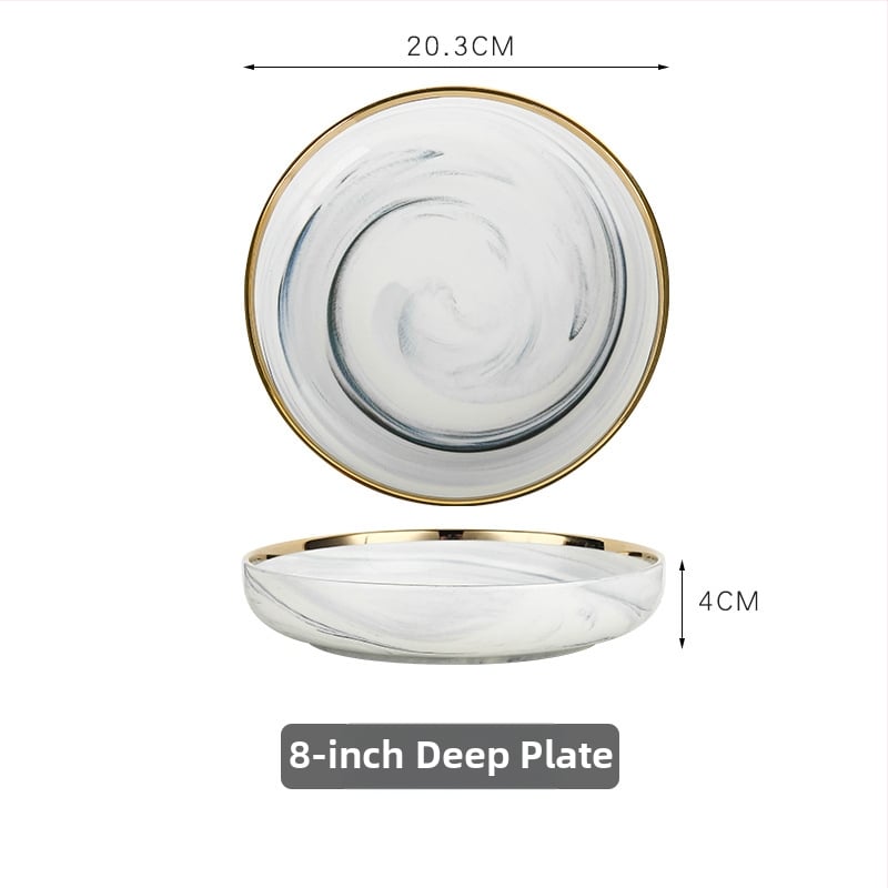 Porcelán étkészlet aranyozott szélekkel – kör alakú, könnyű luxus stílus, egyszínű mintázat