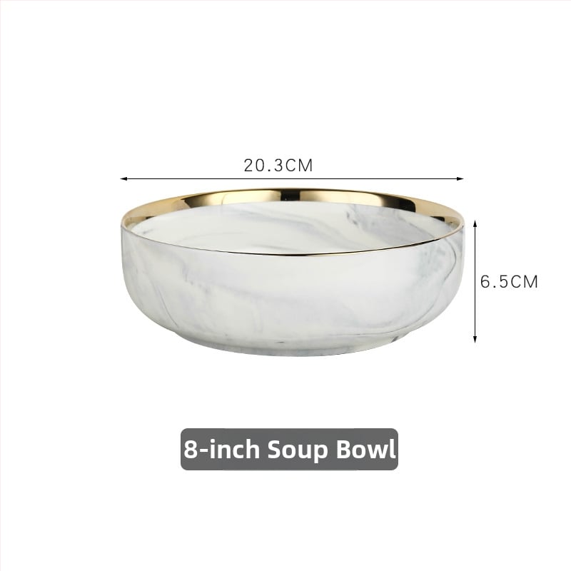 Porcelán étkészlet aranyozott szélekkel – kör alakú, könnyű luxus stílus, egyszínű mintázat