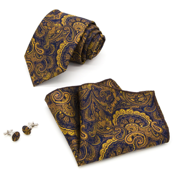 Set 3 piese cravată Paisley Jacquard — include cravată, batistă de buzunar, butoni de manșetă; țesătură poliester