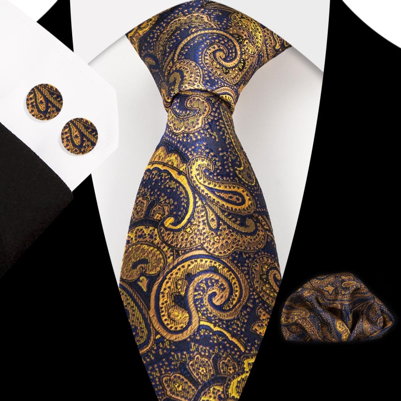 Set 3 piese cravată Paisley Jacquard — include cravată, batistă de buzunar, butoni de manșetă; țesătură poliester