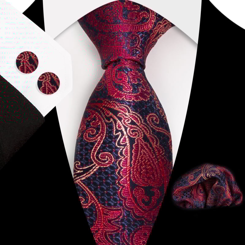 Set 3 piese cravată Paisley Jacquard — include cravată, batistă de buzunar, butoni de manșetă; țesătură poliester