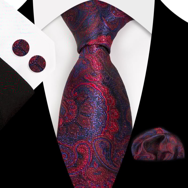 Set 3 piese cravată Paisley Jacquard — include cravată, batistă de buzunar, butoni de manșetă; țesătură poliester