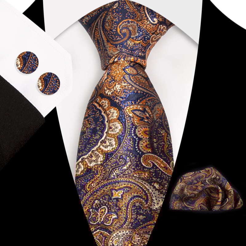 Set 3 piese cravată Paisley Jacquard — include cravată, batistă de buzunar, butoni de manșetă; țesătură poliester
