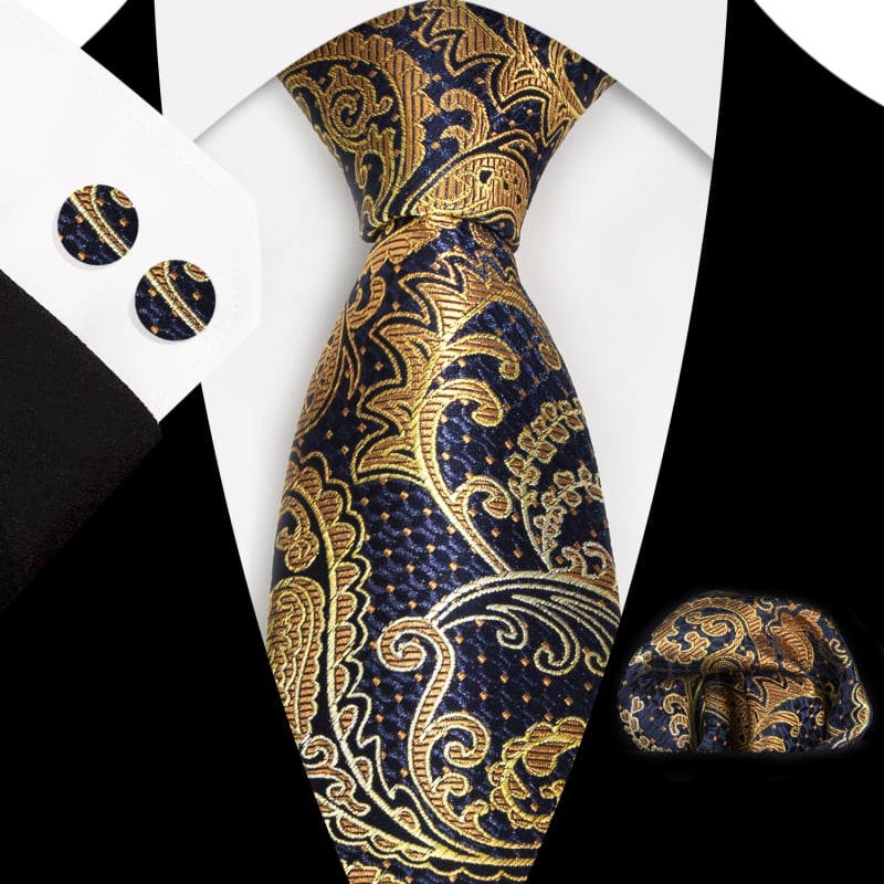 Set 3 piese cravată Paisley Jacquard — include cravată, batistă de buzunar, butoni de manșetă; țesătură poliester