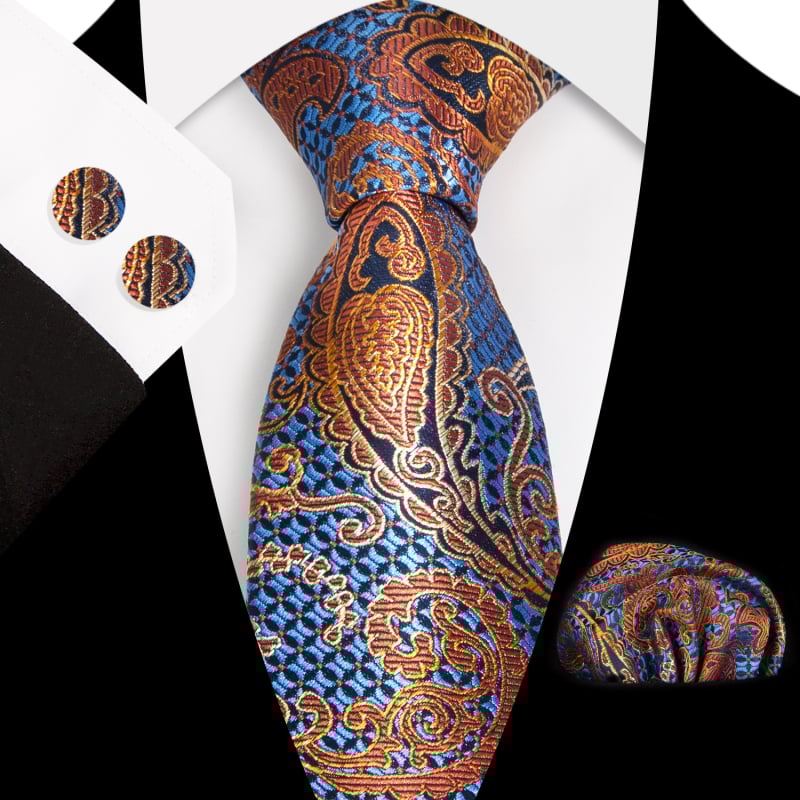 Set 3 piese cravată Paisley Jacquard — include cravată, batistă de buzunar, butoni de manșetă; țesătură poliester