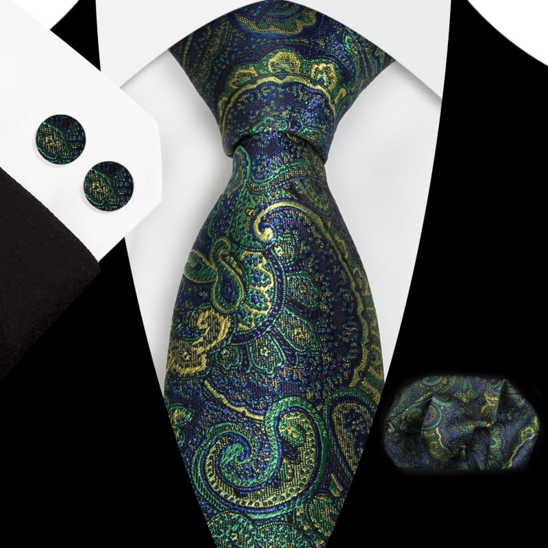 Set 3 piese cravată Paisley Jacquard — include cravată, batistă de buzunar, butoni de manșetă; țesătură poliester