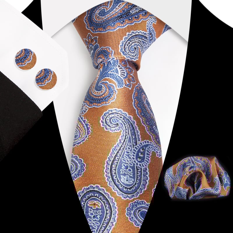 Set 3 piese cravată Paisley Jacquard — include cravată, batistă de buzunar, butoni de manșetă; țesătură poliester