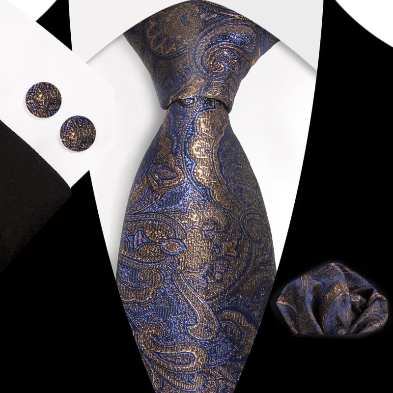 Set 3 piese cravată Paisley Jacquard — include cravată, batistă de buzunar, butoni de manșetă; țesătură poliester