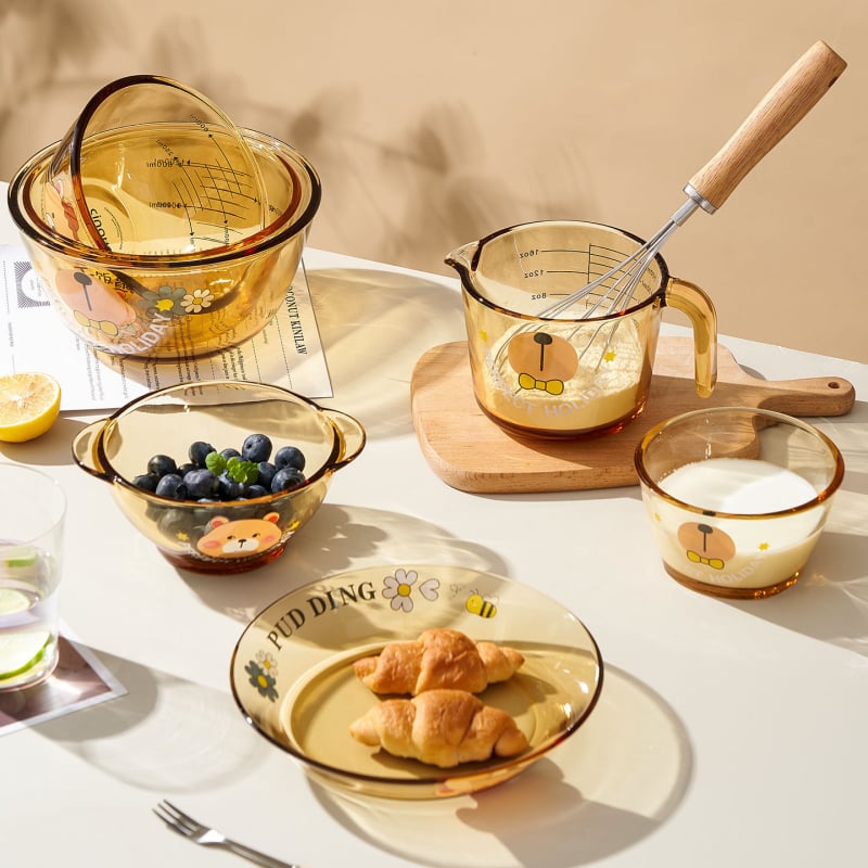 Vas de sticlă Mori gaopai, rezistent la temperaturi înalte, capacitate mare, formă rotundă, compatibil cu microundele, model cu animal