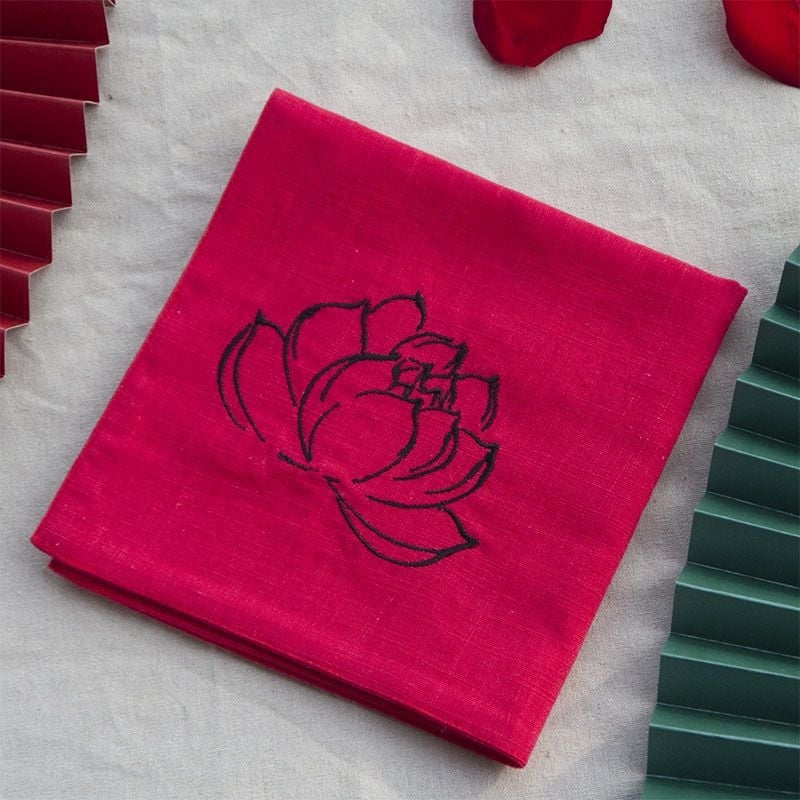 Pătrățel de buzunar din bumbac cu broderie de lotus, stil antic-retro, lansare primăvara 2025