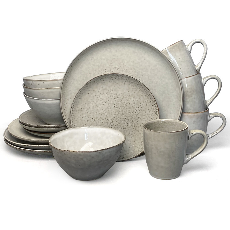 Set de veselă din porțelan, stil japonez retro — boluri, farfurii și farfurioare pentru paste; model monocrom, glazură la cuptor, compatibil cu microunde