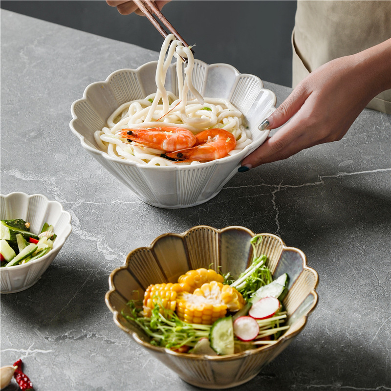 Bol rot din porțelan — stil japonez, glazură de cuptor, pentru ramen și supă, compatibil cu microunde, modele multiple, veselă retro de lux
