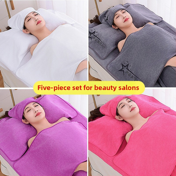 Grožio salono rankšluosčių komplektas su turbanu, krūtinės rankšluosčiu ir vonios rankšluosčiu; mikropluoštas 400 g; greitas džiūvimas; didelis sugeriamumas; logotipo spausdinimas galimas; 3 arba 5 dalių rinkinys