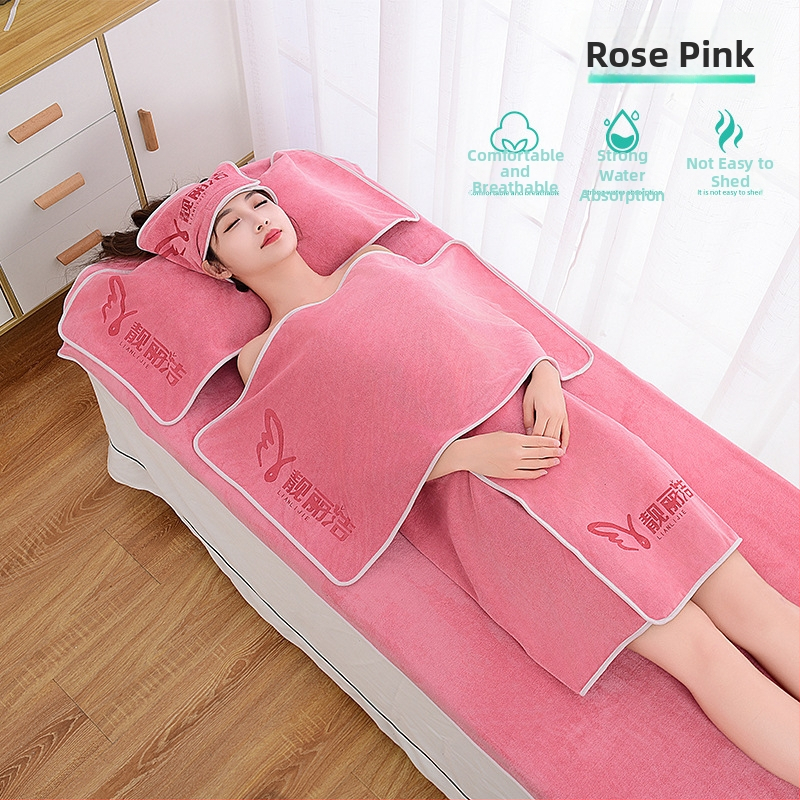 Grožio salono rankšluosčių komplektas su turbanu, krūtinės rankšluosčiu ir vonios rankšluosčiu; mikropluoštas 400 g; greitas džiūvimas; didelis sugeriamumas; logotipo spausdinimas galimas; 3 arba 5 dalių rinkinys