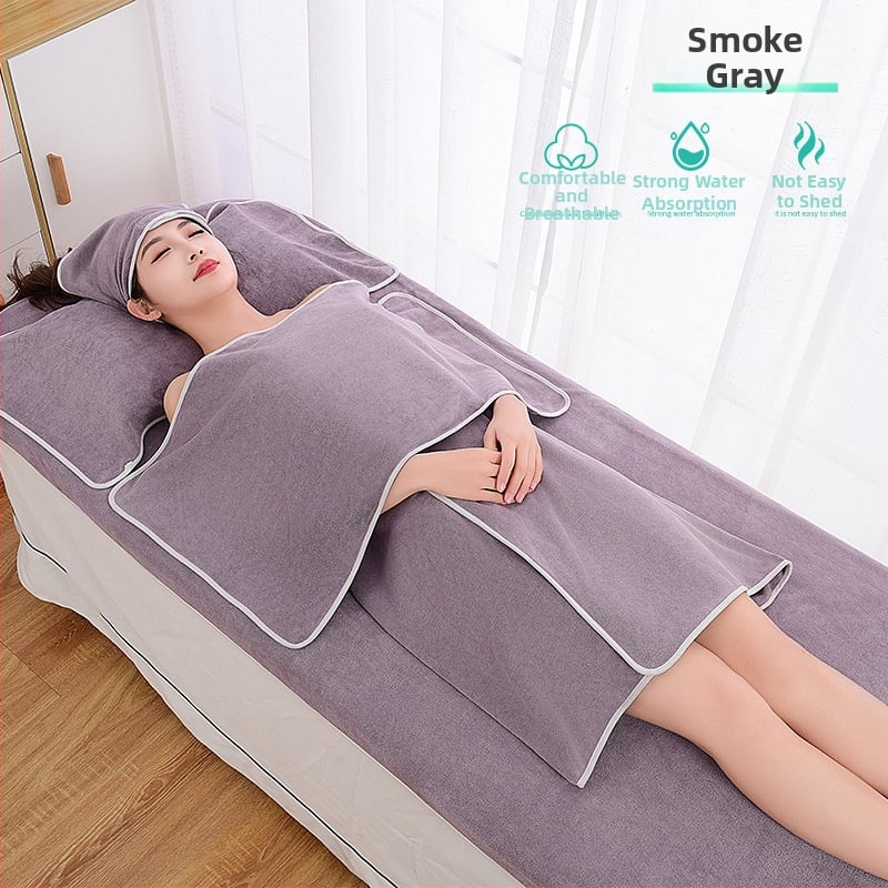 Grožio salono rankšluosčių komplektas su turbanu, krūtinės rankšluosčiu ir vonios rankšluosčiu; mikropluoštas 400 g; greitas džiūvimas; didelis sugeriamumas; logotipo spausdinimas galimas; 3 arba 5 dalių rinkinys