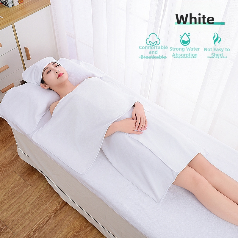 Grožio salono rankšluosčių komplektas su turbanu, krūtinės rankšluosčiu ir vonios rankšluosčiu; mikropluoštas 400 g; greitas džiūvimas; didelis sugeriamumas; logotipo spausdinimas galimas; 3 arba 5 dalių rinkinys