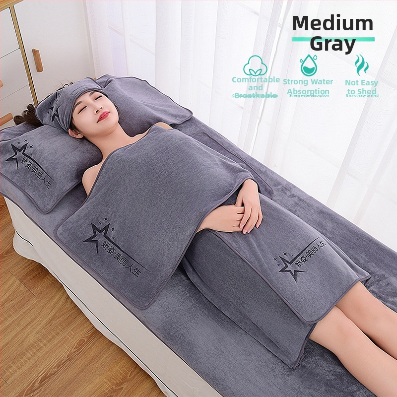 Grožio salono rankšluosčių komplektas su turbanu, krūtinės rankšluosčiu ir vonios rankšluosčiu; mikropluoštas 400 g; greitas džiūvimas; didelis sugeriamumas; logotipo spausdinimas galimas; 3 arba 5 dalių rinkinys