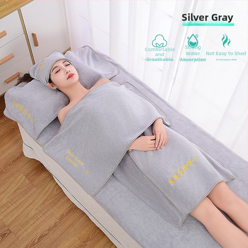 Grožio salono rankšluosčių komplektas su turbanu, krūtinės rankšluosčiu ir vonios rankšluosčiu; mikropluoštas 400 g; greitas džiūvimas; didelis sugeriamumas; logotipo spausdinimas galimas; 3 arba 5 dalių rinkinys