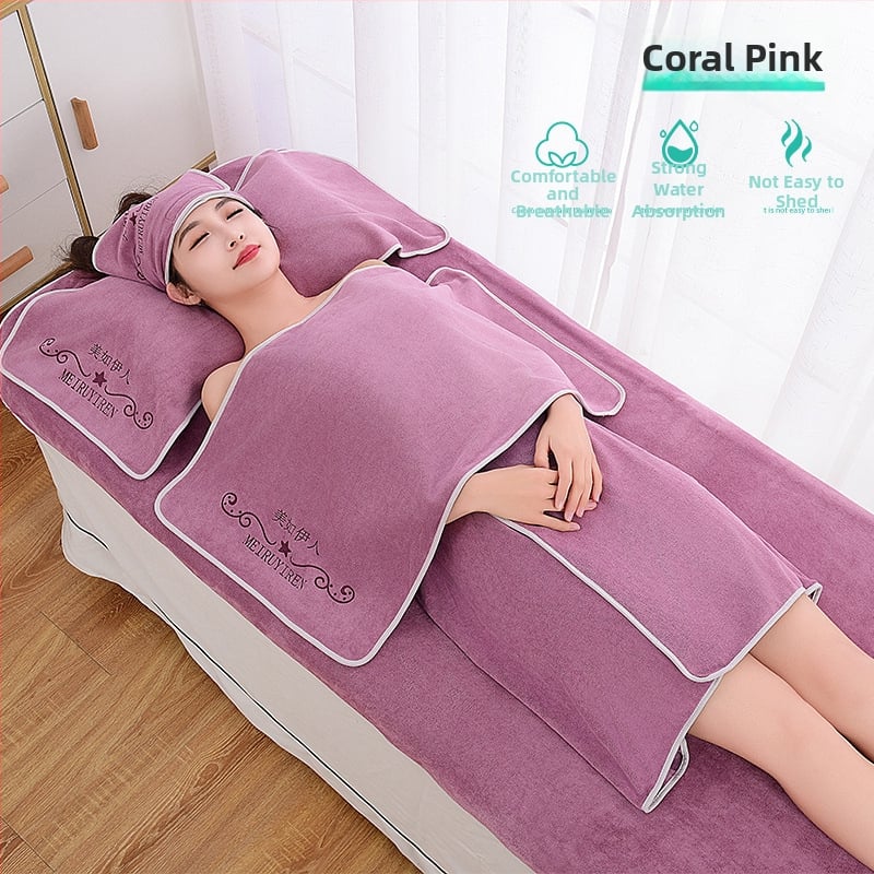 Grožio salono rankšluosčių komplektas su turbanu, krūtinės rankšluosčiu ir vonios rankšluosčiu; mikropluoštas 400 g; greitas džiūvimas; didelis sugeriamumas; logotipo spausdinimas galimas; 3 arba 5 dalių rinkinys