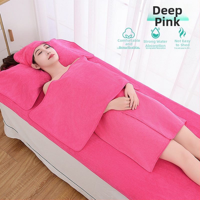 Grožio salono rankšluosčių komplektas su turbanu, krūtinės rankšluosčiu ir vonios rankšluosčiu; mikropluoštas 400 g; greitas džiūvimas; didelis sugeriamumas; logotipo spausdinimas galimas; 3 arba 5 dalių rinkinys