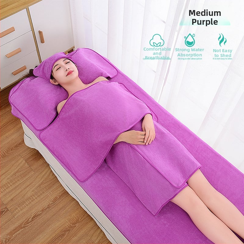 Grožio salono rankšluosčių komplektas su turbanu, krūtinės rankšluosčiu ir vonios rankšluosčiu; mikropluoštas 400 g; greitas džiūvimas; didelis sugeriamumas; logotipo spausdinimas galimas; 3 arba 5 dalių rinkinys