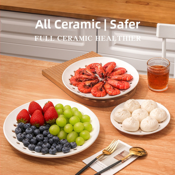 Tavă circulară ceramică poroasă pentru abur – pentru dumplings, fructe de mare și fructe; compatibilă cu microunde, turnată dintr-un singur corp