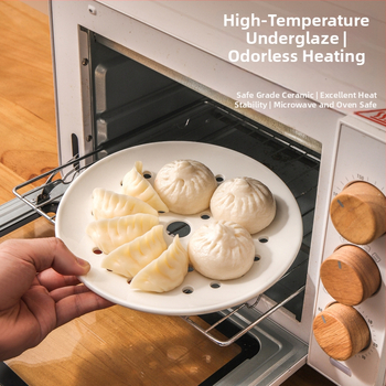 Tavă circulară ceramică poroasă pentru abur – pentru dumplings, fructe de mare și fructe; compatibilă cu microunde, turnată dintr-un singur corp