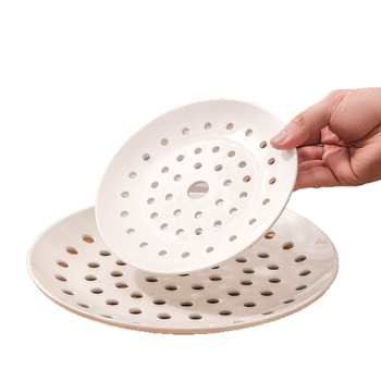 Tavă circulară ceramică poroasă pentru abur – pentru dumplings, fructe de mare și fructe; compatibilă cu microunde, turnată dintr-un singur corp