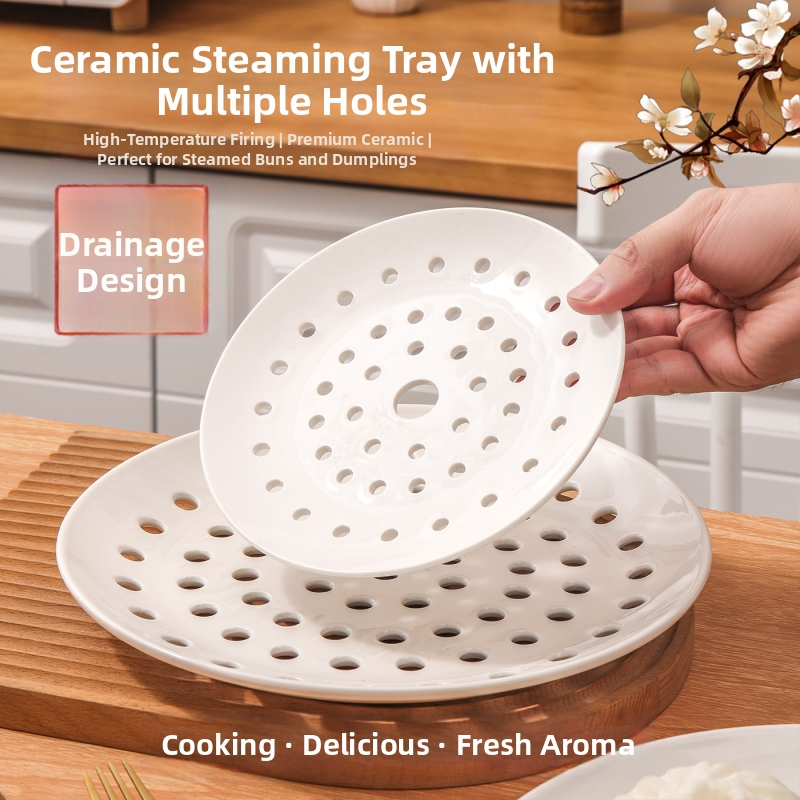 Tavă circulară ceramică poroasă pentru abur – pentru dumplings, fructe de mare și fructe; compatibilă cu microunde, turnată dintr-un singur corp