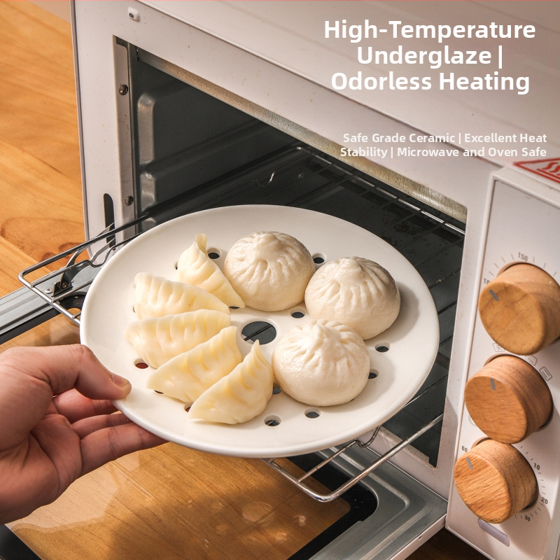 Tavă circulară ceramică poroasă pentru abur – pentru dumplings, fructe de mare și fructe; compatibilă cu microunde, turnată dintr-un singur corp