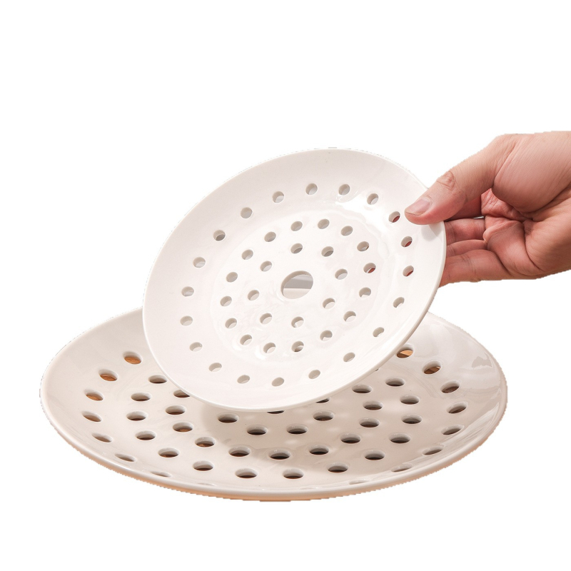 Tavă circulară ceramică poroasă pentru abur – pentru dumplings, fructe de mare și fructe; compatibilă cu microunde, turnată dintr-un singur corp