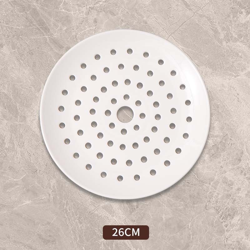 Tavă circulară ceramică poroasă pentru abur – pentru dumplings, fructe de mare și fructe; compatibilă cu microunde, turnată dintr-un singur corp