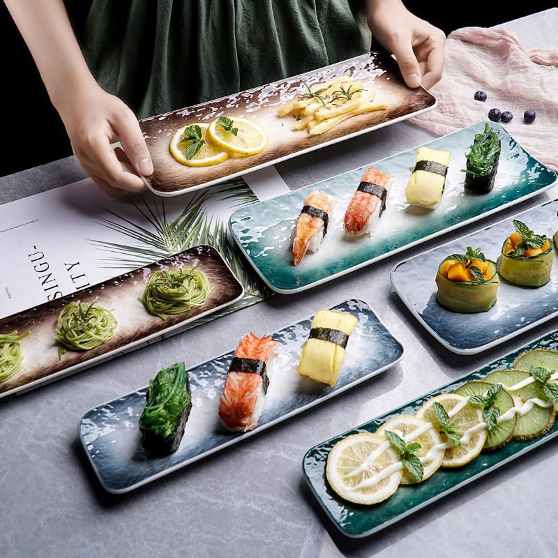 Pravokutni porculanski tanjur, japanskog stila za sushi i sashimi; mikrovalna pećnica nije kompatibilna