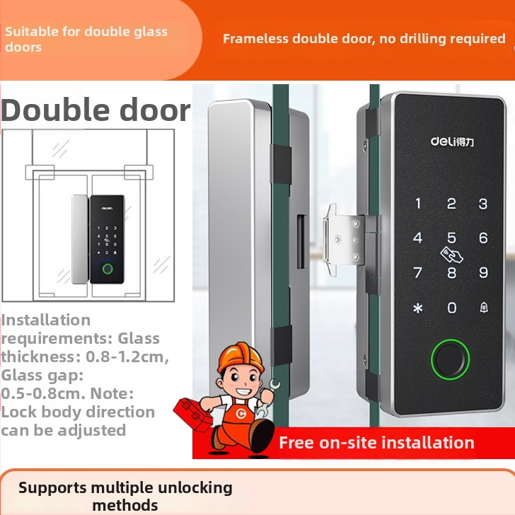 Încuietoare biometrică electronică pentru uși din sticlă – corp din aliaj de zinc, deblocare prin senzor, design modern minimalist, fără găuri