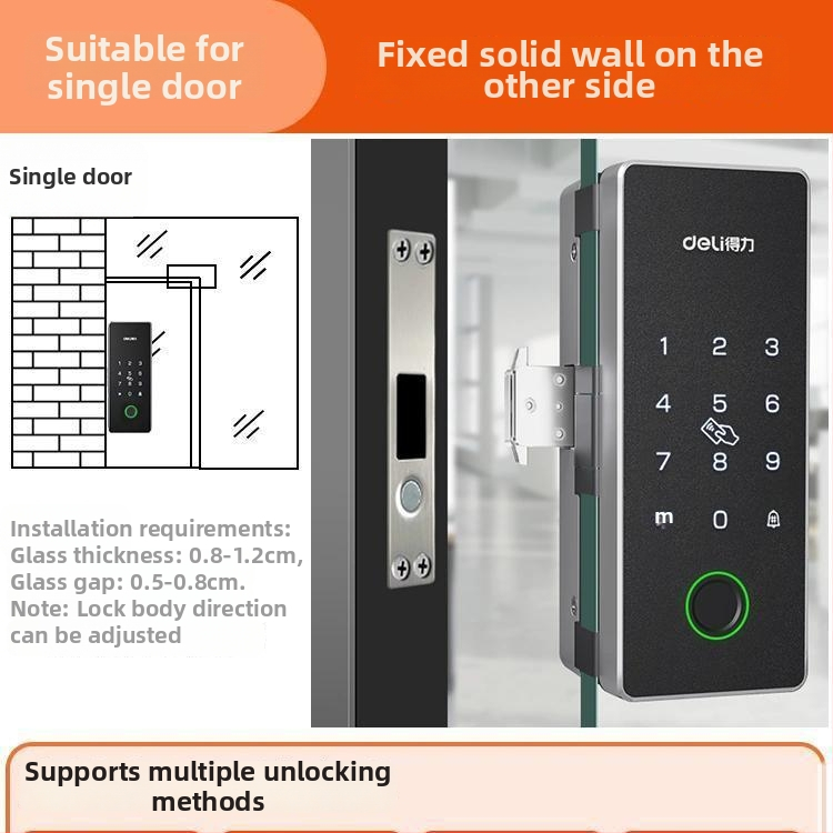 Încuietoare biometrică electronică pentru uși din sticlă – corp din aliaj de zinc, deblocare prin senzor, design modern minimalist, fără găuri