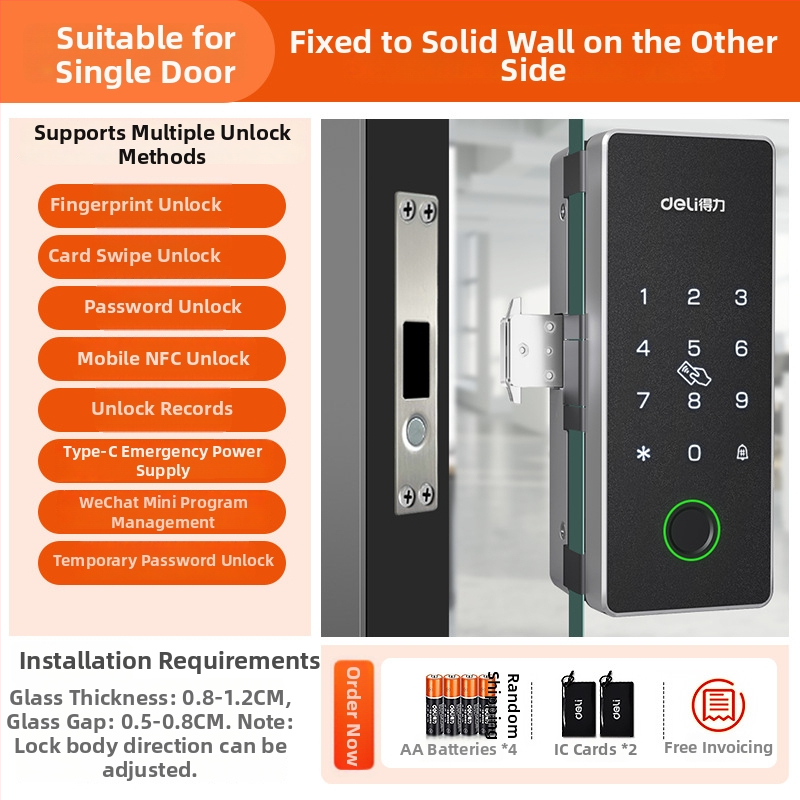 Încuietoare biometrică electronică pentru uși din sticlă – corp din aliaj de zinc, deblocare prin senzor, design modern minimalist, fără găuri